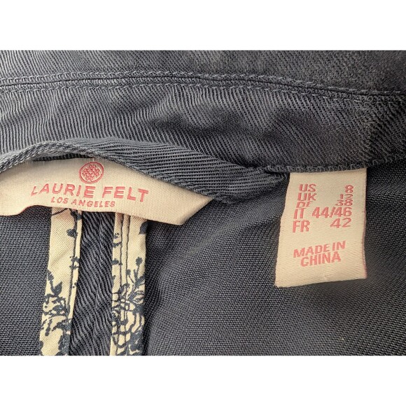 Laurie Felt Navy Blue Floral Trim Belted Button Up Collared Jacket Size S/M - Picture 3 of 10